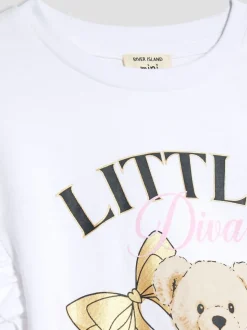 River Island White Girls Frill Sleeve Bear Print T-Shirt