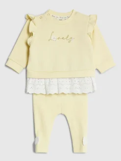 River Island Yellow Broderie Frill Sweat Top & Leggings Set