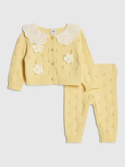 River Island Yellow Broderie Daisy Knitted Cardigan & Leggings Set