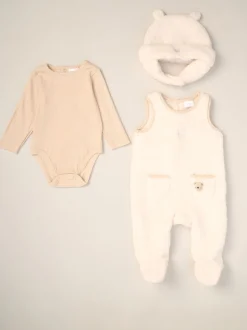Rock-A-Bye Baby Boutique Baby Borg White Dungarees Bodysuit and Hat Set 3 Piece