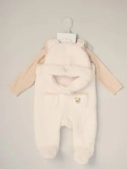 Rock-A-Bye Baby Boutique Baby Borg White Dungarees Bodysuit and Hat Set 3 Piece