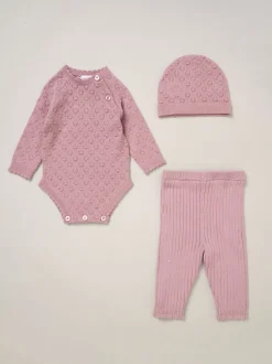 Rock-A-Bye Baby Boutique Baby Pink Knit Bodysuits Leggings and Hats Set 3-Piece