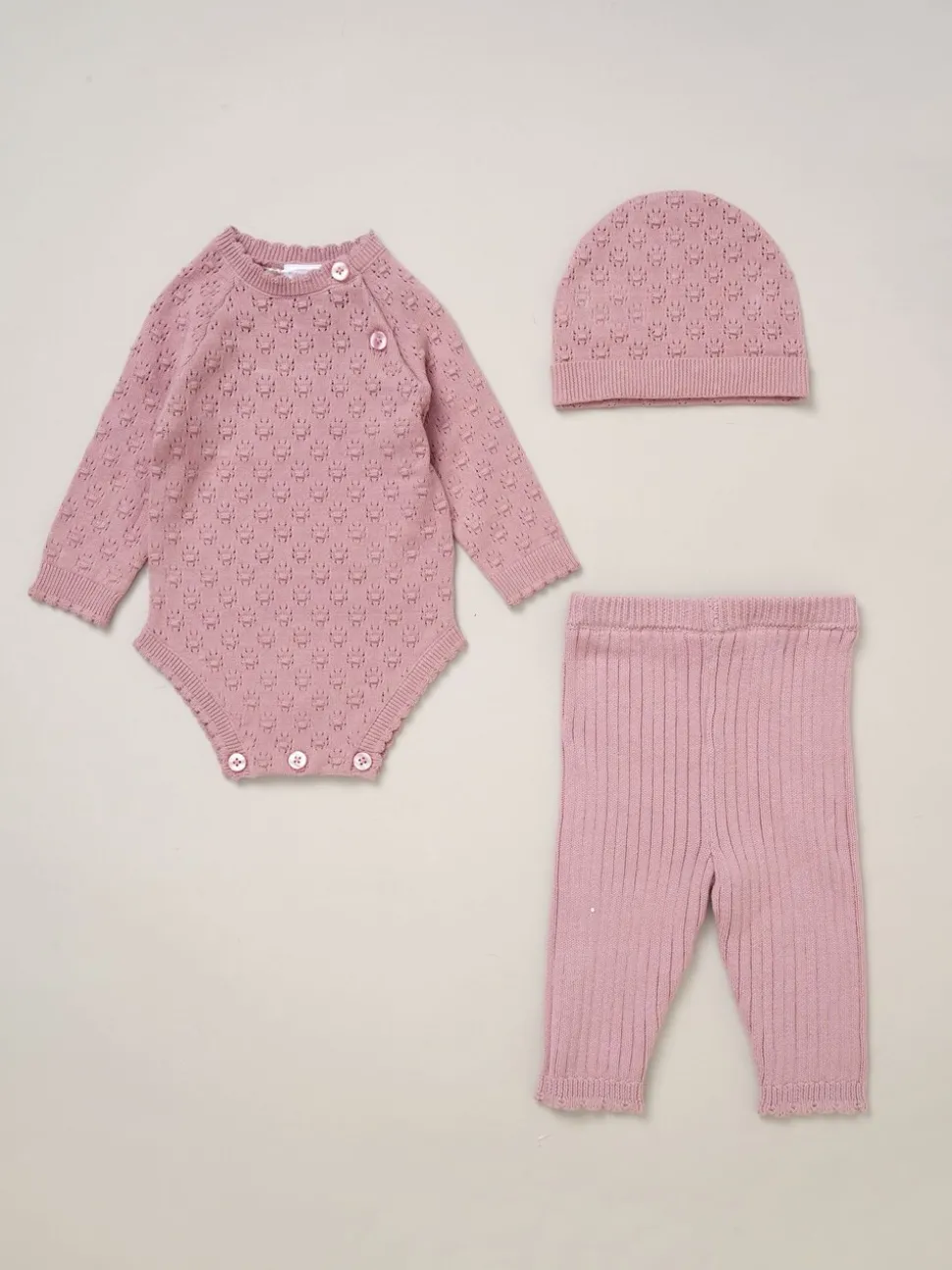 Rock-A-Bye Baby Boutique Baby Pink Knit Bodysuits Leggings and Hats Set 3-Piece