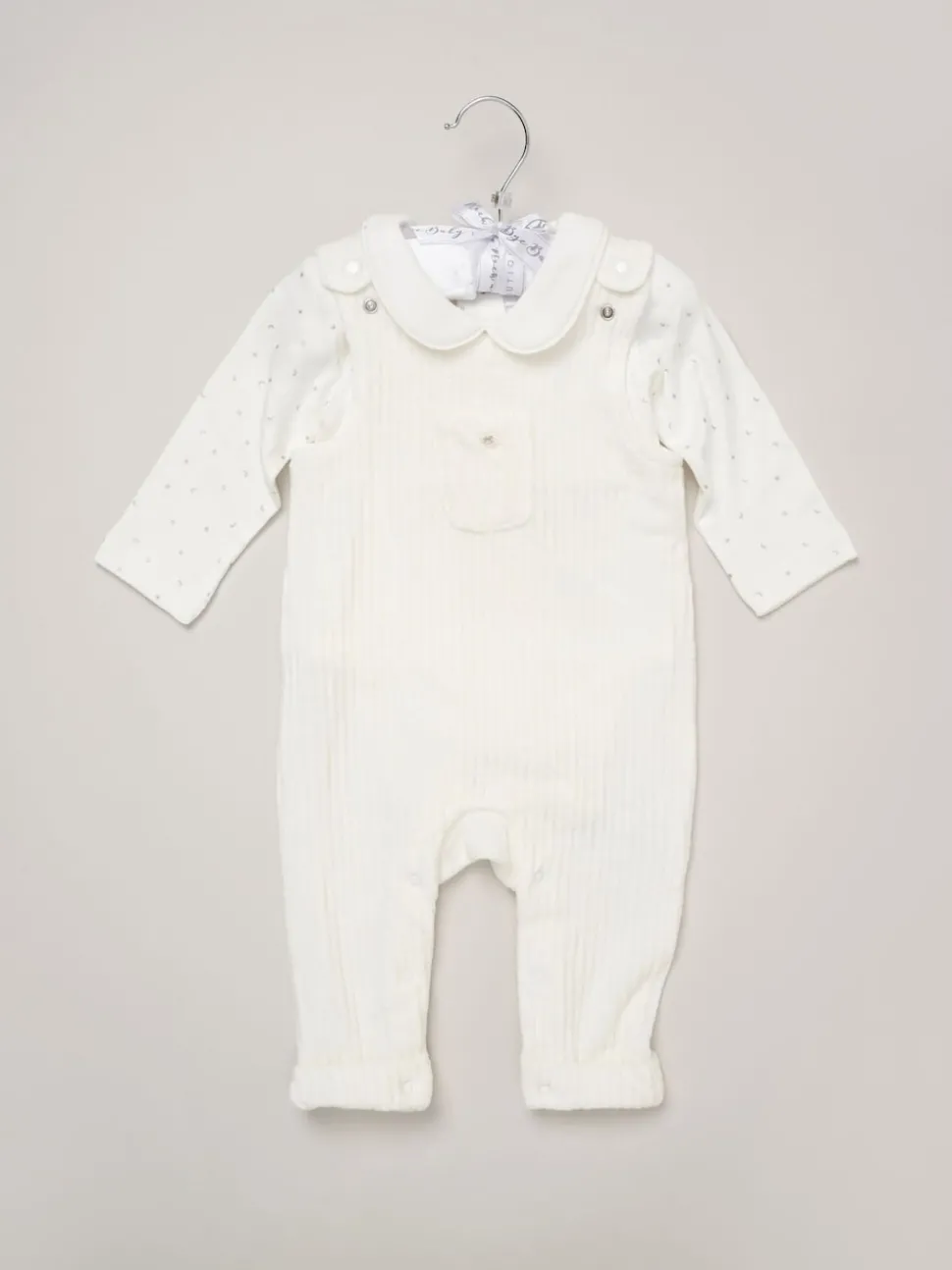 Rock-A-Bye Baby Boutique Baby Velour White Dungarees and Bodysuit Set