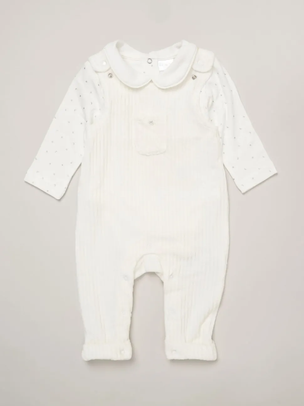 Rock-A-Bye Baby Boutique Baby Velour White Dungarees and Bodysuit Set