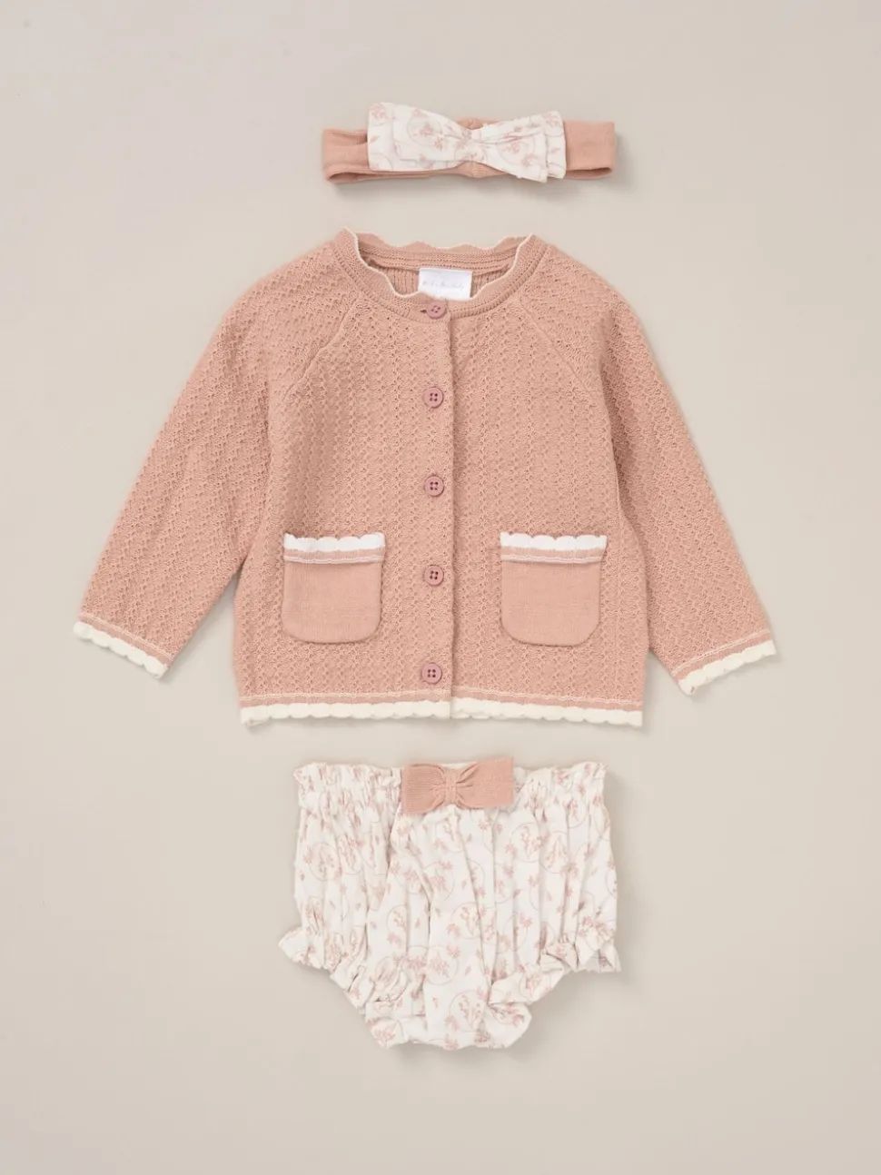 Rock-A-Bye Baby Boutique Pink Cardigan Woven Dobby Shorts Headband and Tights Outfit Set