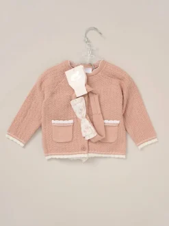 Rock-A-Bye Baby Boutique Pink Cardigan Woven Dobby Shorts Headband and Tights Outfit Set