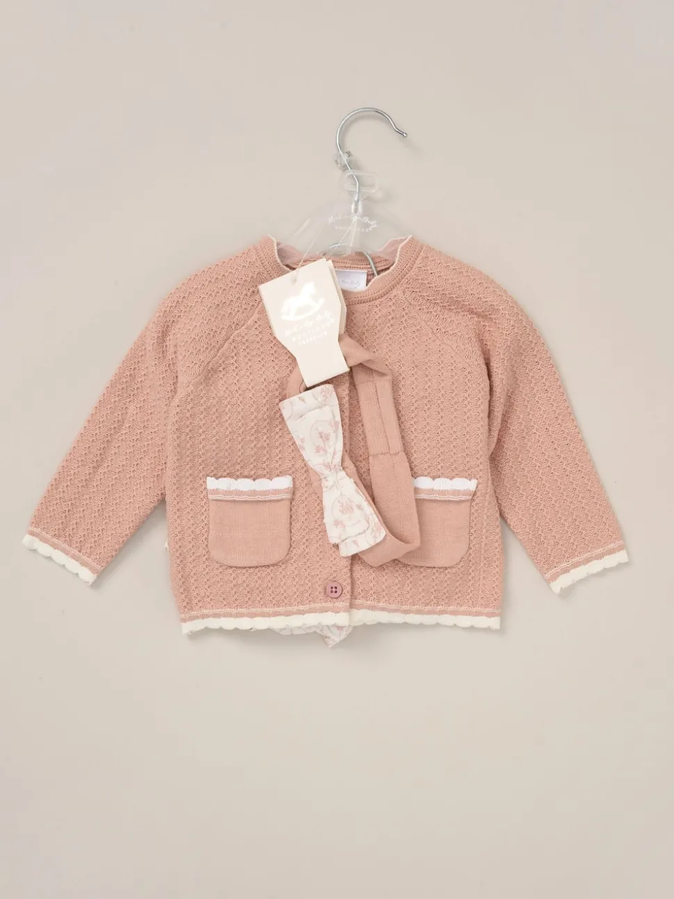 Rock-A-Bye Baby Boutique Pink Cardigan Woven Dobby Shorts Headband and Tights Outfit Set