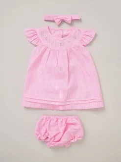 Rock-A-Bye Baby Boutique Pink 100% Cotton Dress Knickers and Bow Headband Outfit Set