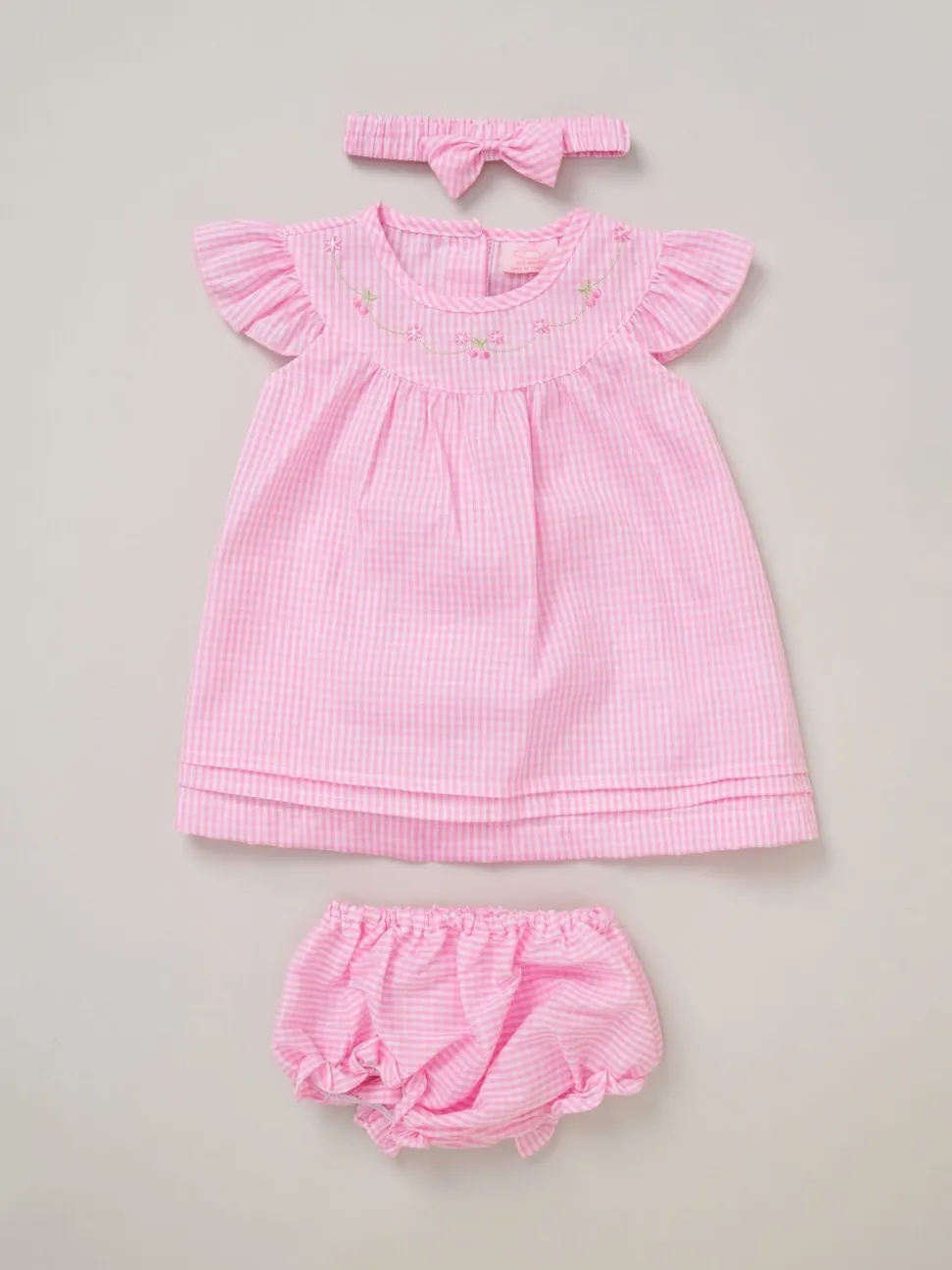 Rock-A-Bye Baby Boutique Pink 100% Cotton Dress Knickers and Bow Headband Outfit Set