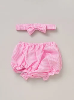 Rock-A-Bye Baby Boutique Pink 100% Cotton Dress Knickers and Bow Headband Outfit Set