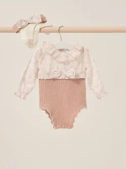 Rock-A-Bye Baby Boutique Pink True Knit Woven Romper and Bonnet Outfit Set