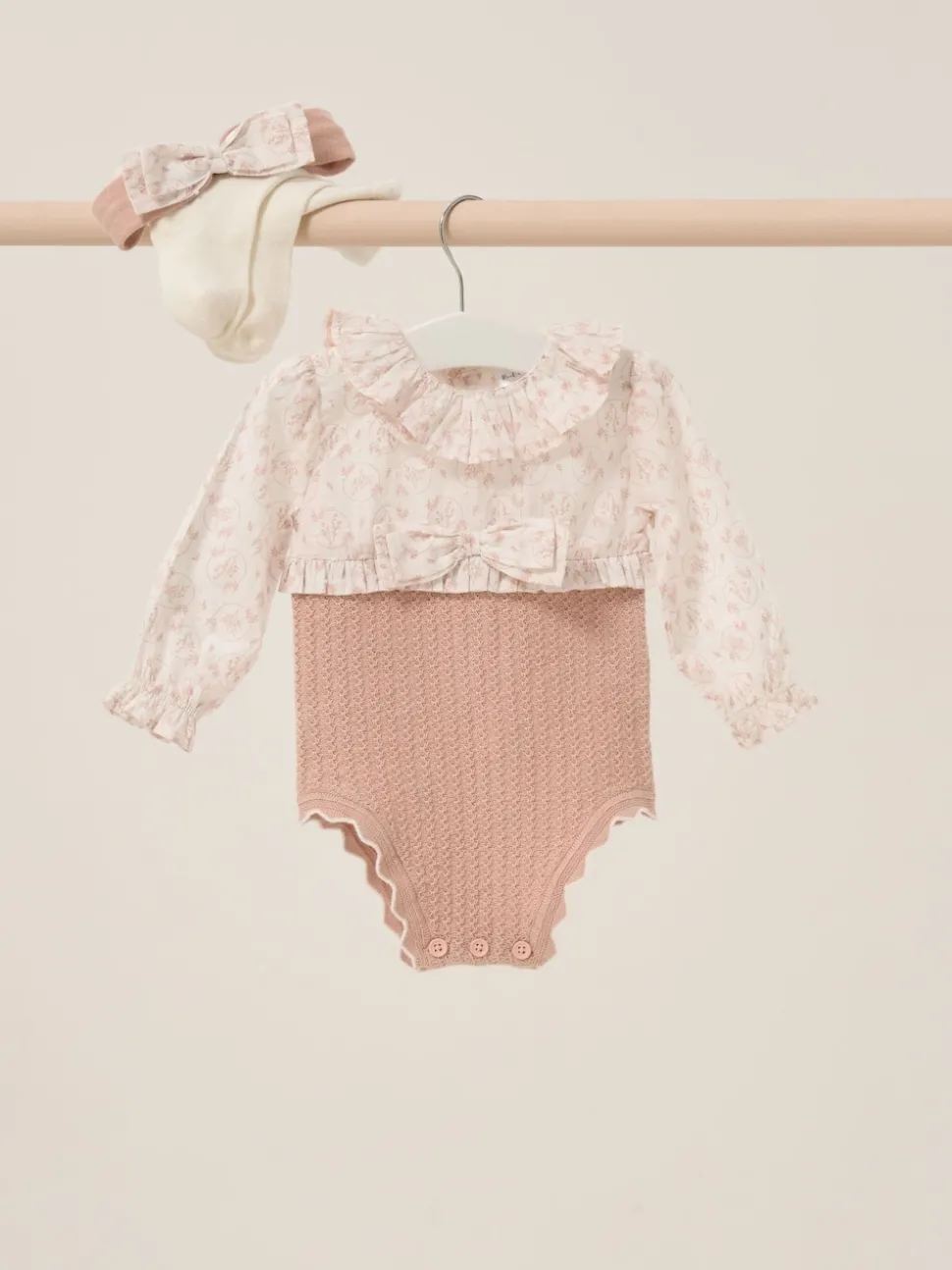 Rock-A-Bye Baby Boutique Pink True Knit Woven Romper and Bonnet Outfit Set