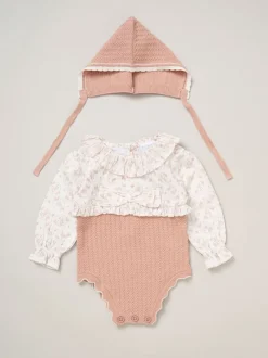 Rock-A-Bye Baby Boutique Pink True Knit Woven Romper and Bonnet Outfit Set