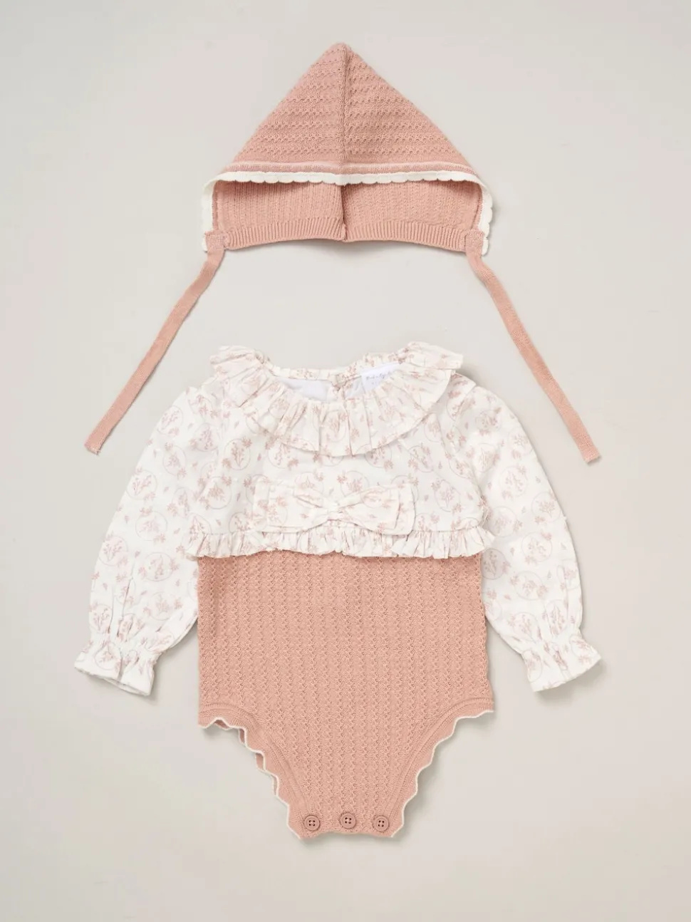 Rock-A-Bye Baby Boutique Pink True Knit Woven Romper and Bonnet Outfit Set