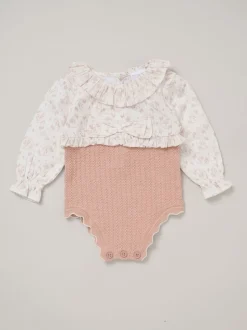 Rock-A-Bye Baby Boutique Pink True Knit Woven Romper and Bonnet Outfit Set
