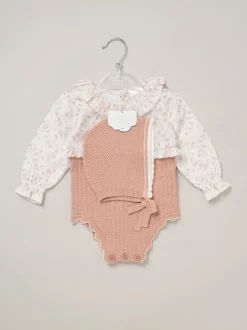 Rock-A-Bye Baby Boutique Pink True Knit Woven Romper and Bonnet Outfit Set