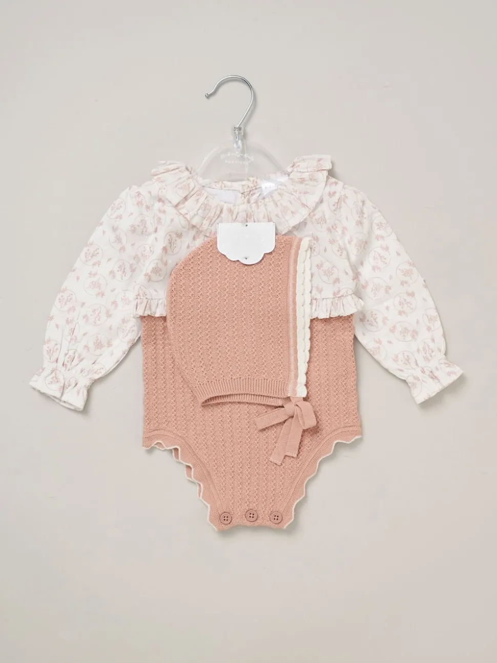 Rock-A-Bye Baby Boutique Pink True Knit Woven Romper and Bonnet Outfit Set