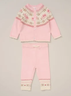 Rock-A-Bye Baby Boutique Pink True Knit Fairisle Pattern Cardigan And Trousers Outfit Set