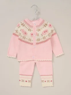 Rock-A-Bye Baby Boutique Pink True Knit Fairisle Pattern Cardigan And Trousers Outfit Set