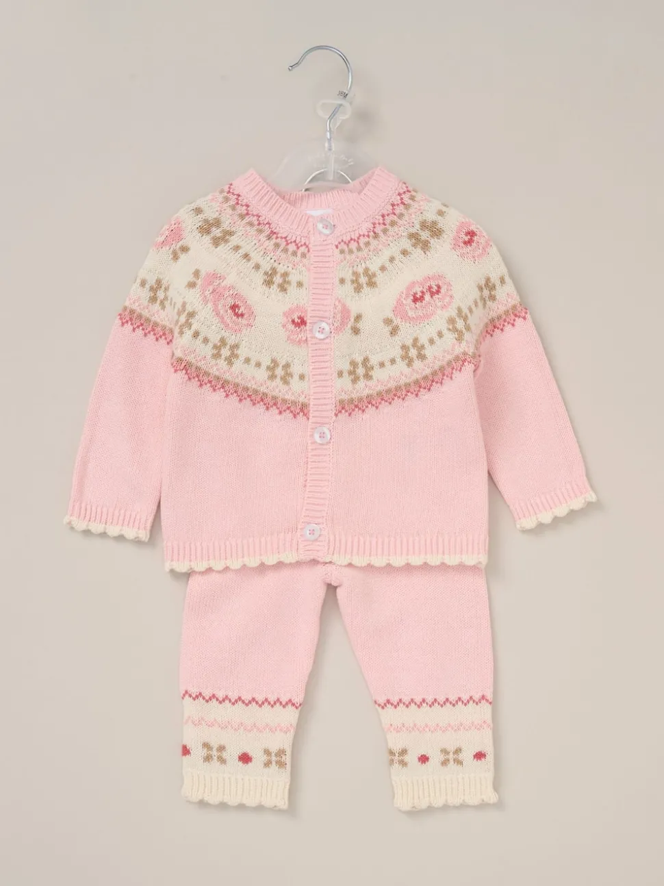 Rock-A-Bye Baby Boutique Pink True Knit Fairisle Pattern Cardigan And Trousers Outfit Set