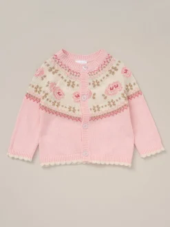 Rock-A-Bye Baby Boutique Pink True Knit Fairisle Pattern Cardigan And Trousers Outfit Set