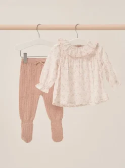 Rock-A-Bye Baby Boutique Pink Woven Dobby Blouse True Knit Footed Trousers and Headband Outfit Set