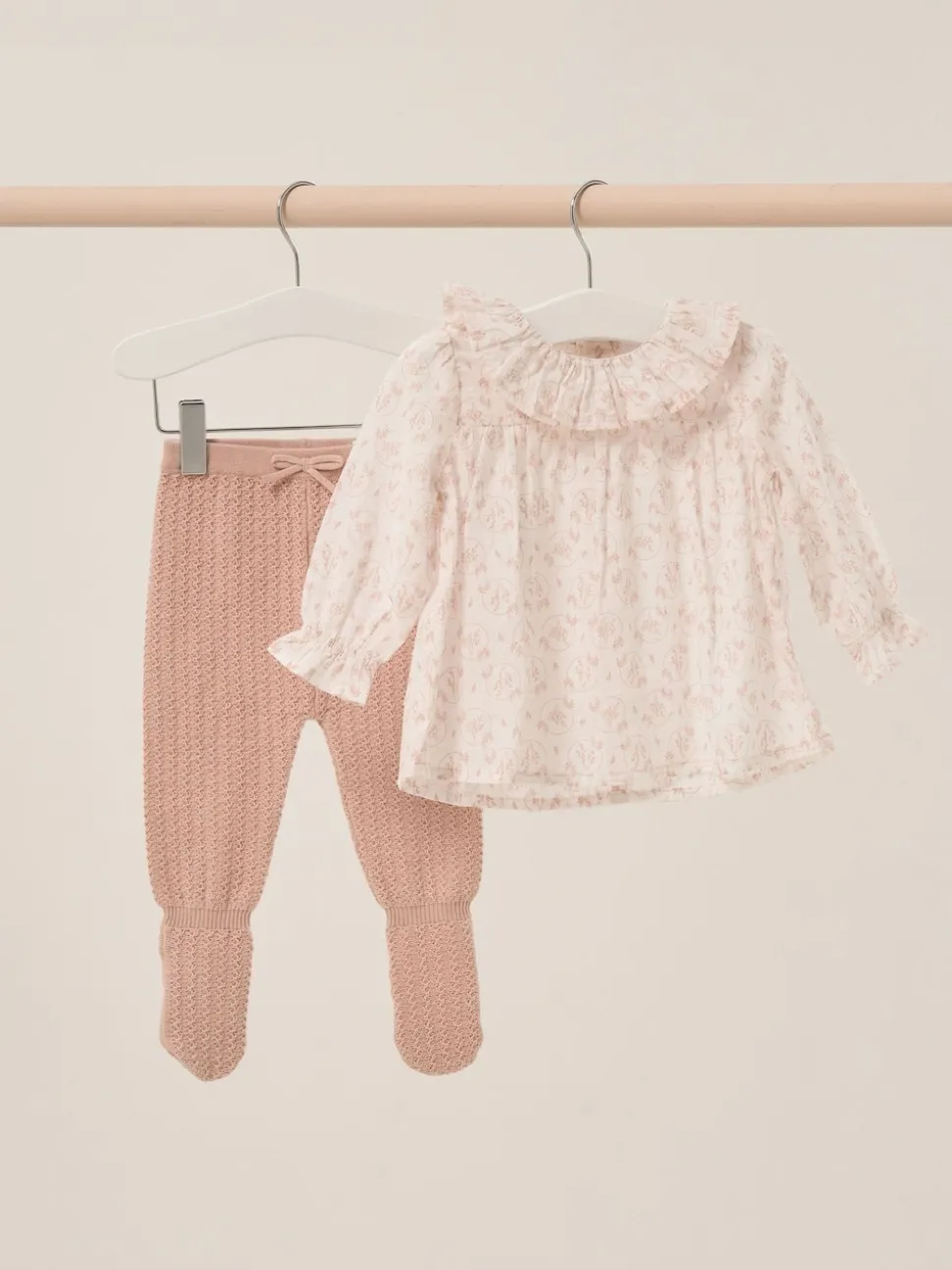 Rock-A-Bye Baby Boutique Pink Woven Dobby Blouse True Knit Footed Trousers and Headband Outfit Set