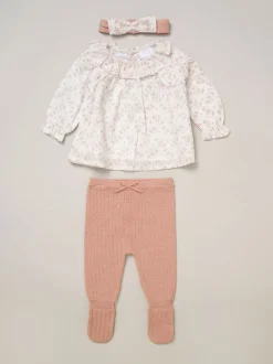 Rock-A-Bye Baby Boutique Pink Woven Dobby Blouse True Knit Footed Trousers and Headband Outfit Set