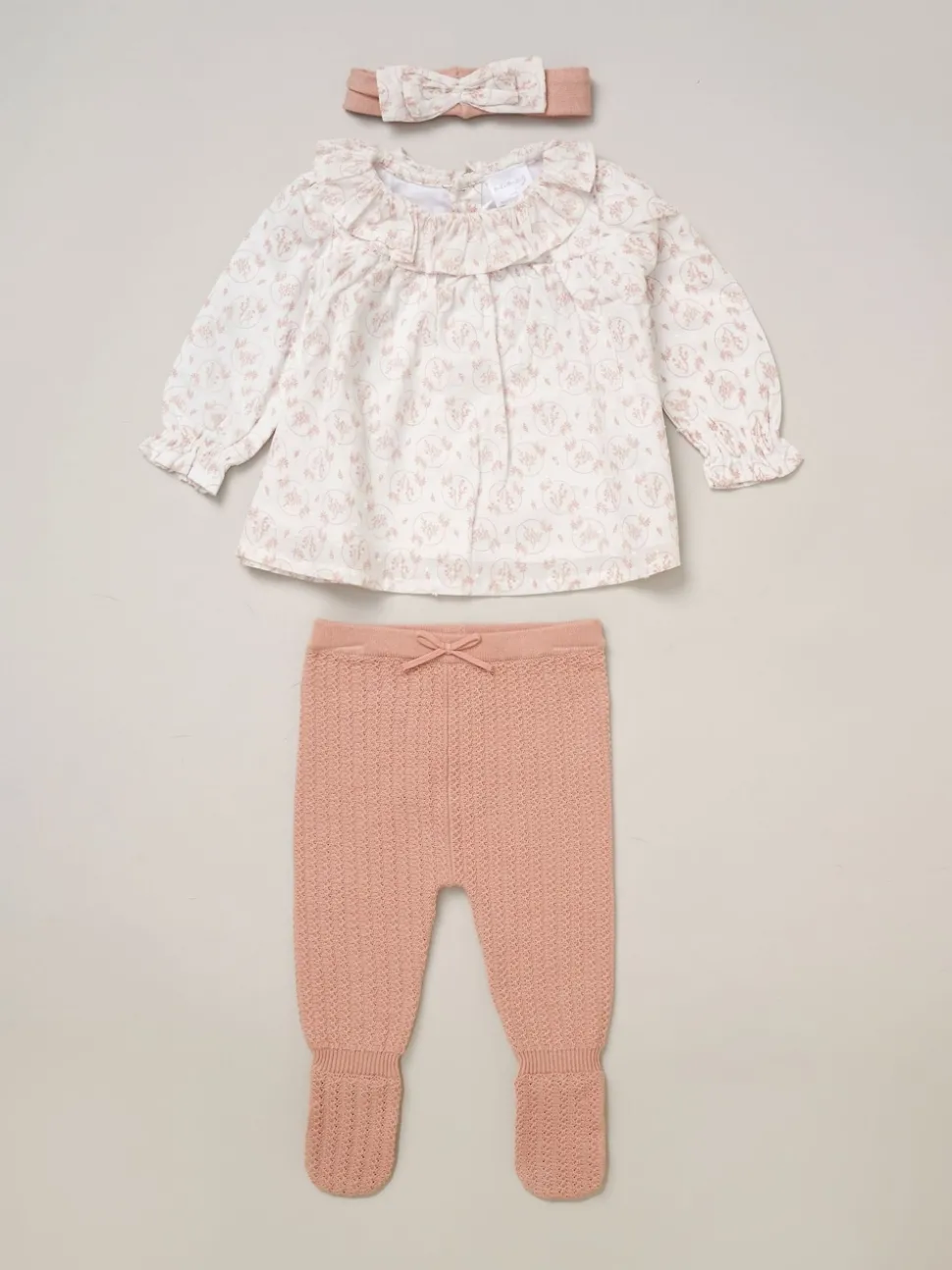 Rock-A-Bye Baby Boutique Pink Woven Dobby Blouse True Knit Footed Trousers and Headband Outfit Set