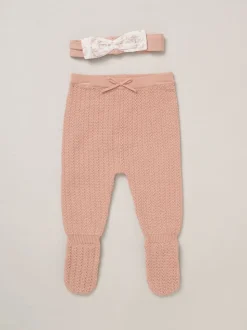Rock-A-Bye Baby Boutique Pink Woven Dobby Blouse True Knit Footed Trousers and Headband Outfit Set