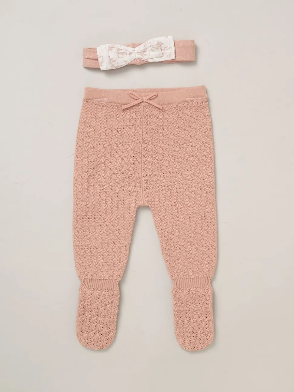 Rock-A-Bye Baby Boutique Pink Woven Dobby Blouse True Knit Footed Trousers and Headband Outfit Set