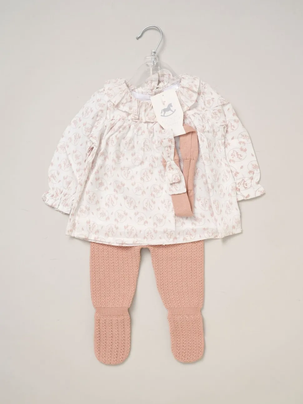 Rock-A-Bye Baby Boutique Pink Woven Dobby Blouse True Knit Footed Trousers and Headband Outfit Set