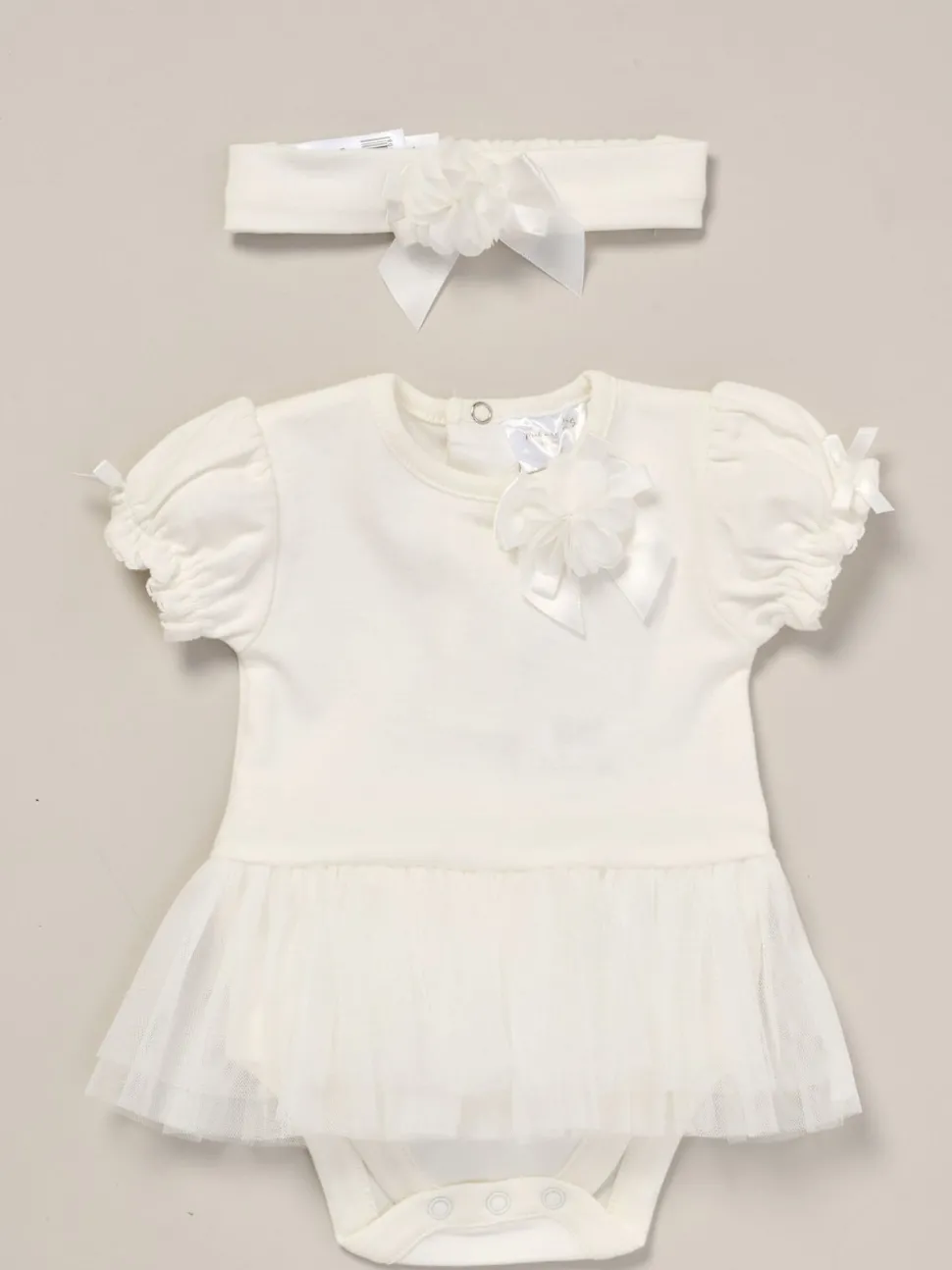Rock-A-Bye Baby Boutique Rose Ribbon Detail Tutu White Bodysuit and Headband Outfit Set