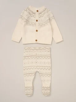 Rock-A-Bye Baby Boutique True Knit Fairisle Pattern White Cardigan And Footed Trousers Outfit Set