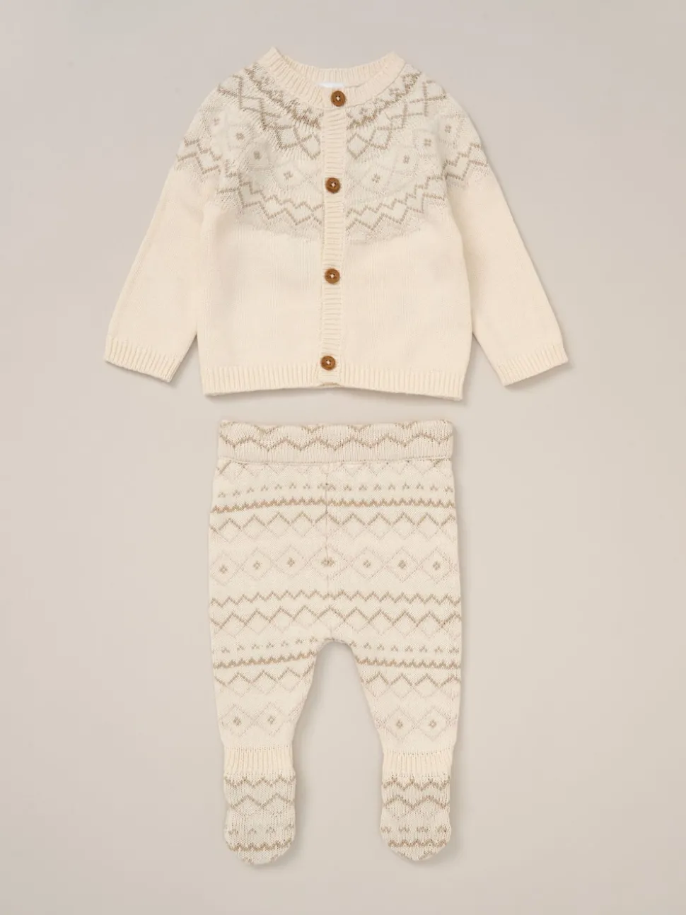 Rock-A-Bye Baby Boutique True Knit Fairisle Pattern White Cardigan And Footed Trousers Outfit Set
