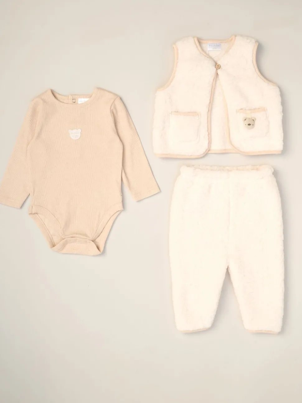 Rock-A-Bye Baby Boutique White 3-Piece Teddy Gilet, Bodysuit and Footed Trousers Set