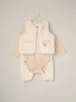 Rock-A-Bye Baby Boutique White 3-Piece Teddy Gilet, Bodysuit and Footed Trousers Set
