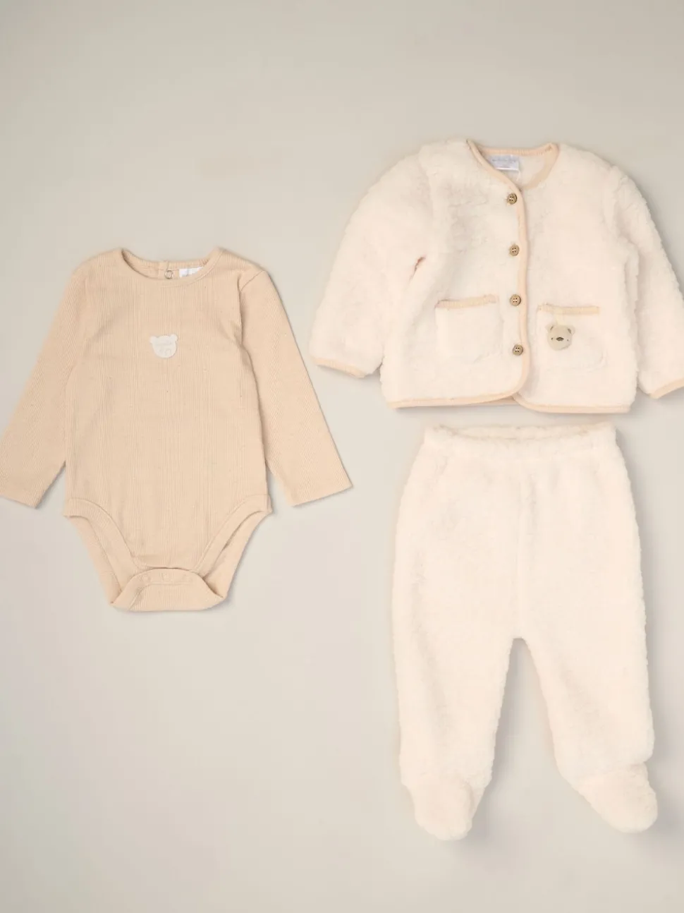 Rock-A-Bye Baby Boutique White 3-Piece Teddy Jacket, Bodysuit and Footed Trousers Set