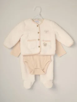 Rock-A-Bye Baby Boutique White 3-Piece Teddy Jacket, Bodysuit and Footed Trousers Set