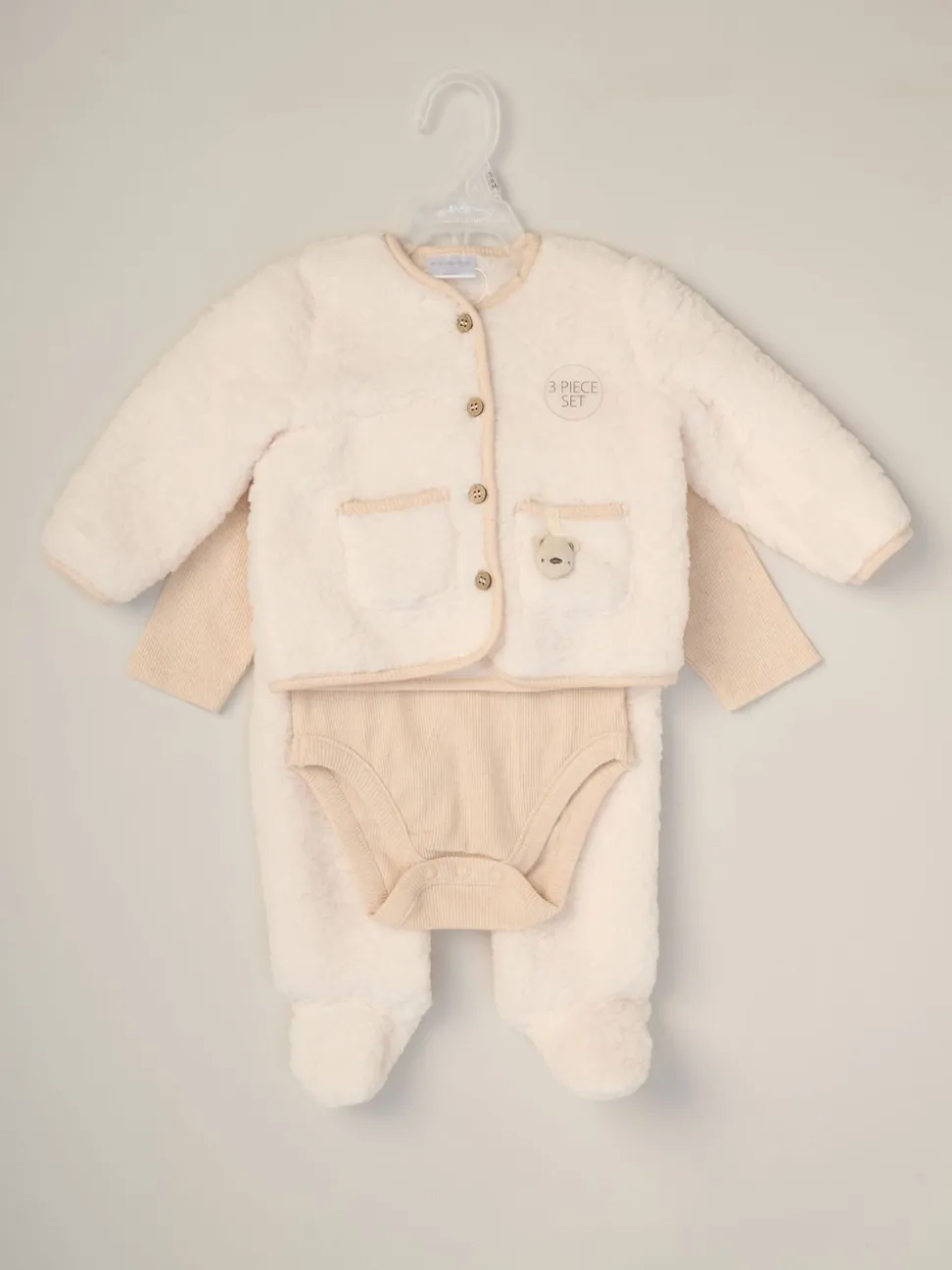 Rock-A-Bye Baby Boutique White 3-Piece Teddy Jacket, Bodysuit and Footed Trousers Set