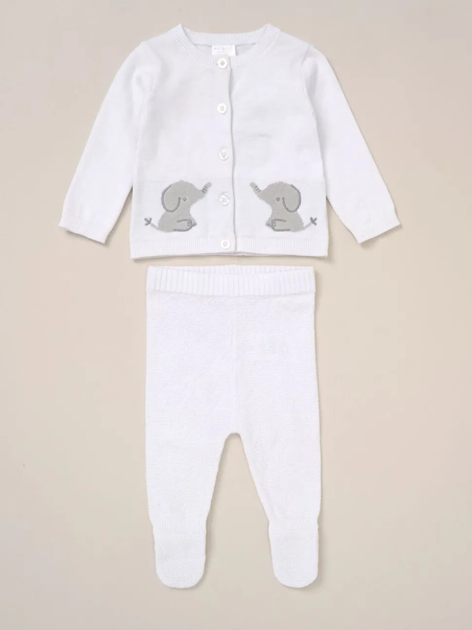 Rock-A-Bye Baby Boutique White True Knit Elephant Cardigan And Trousers Outfit Set