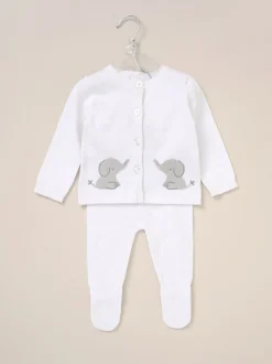 Rock-A-Bye Baby Boutique White True Knit Elephant Cardigan And Trousers Outfit Set