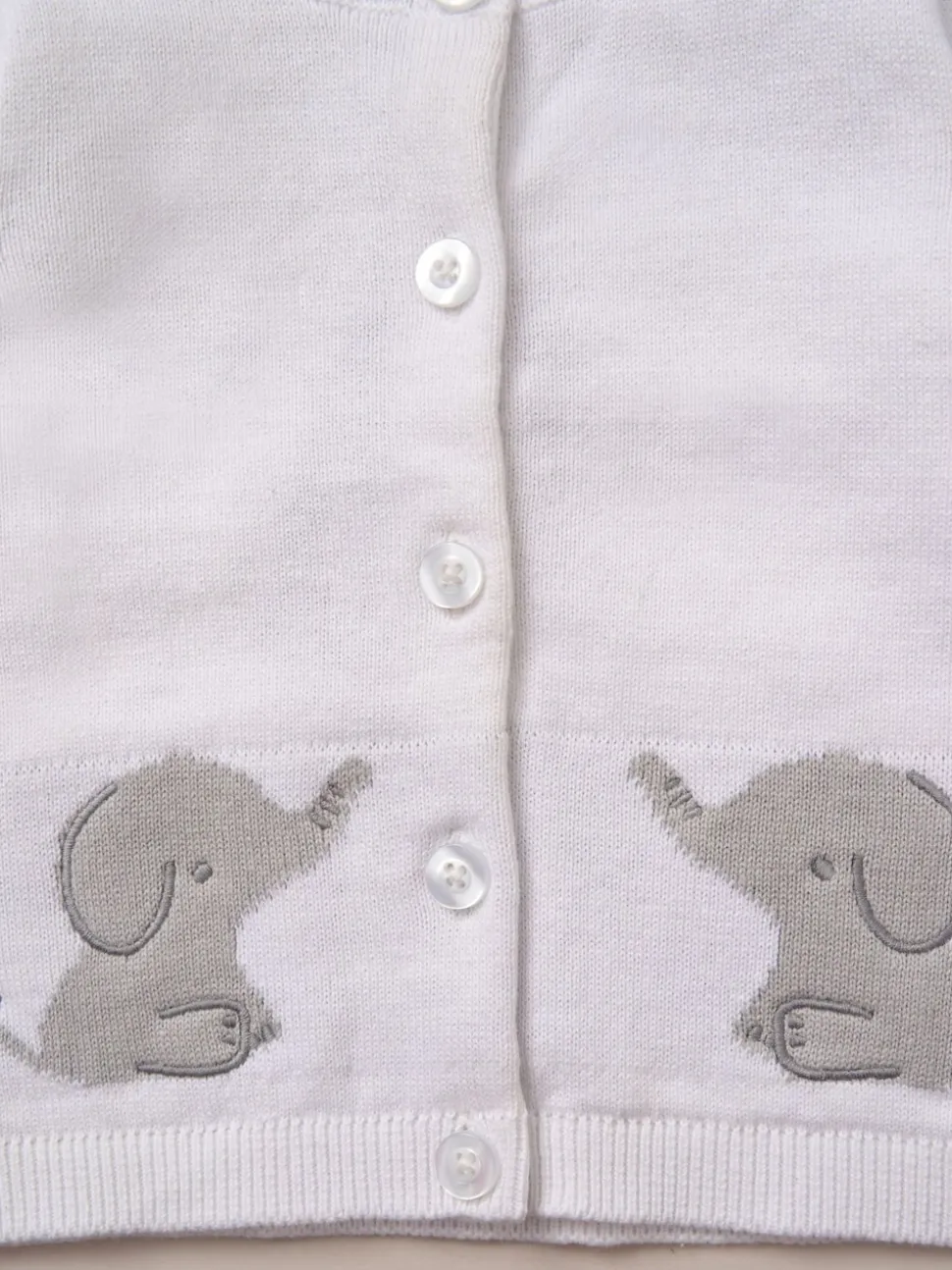 Rock-A-Bye Baby Boutique White True Knit Elephant Cardigan And Trousers Outfit Set