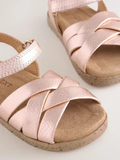 Rose Gold Leather Woven Sandals with Touch Fastening