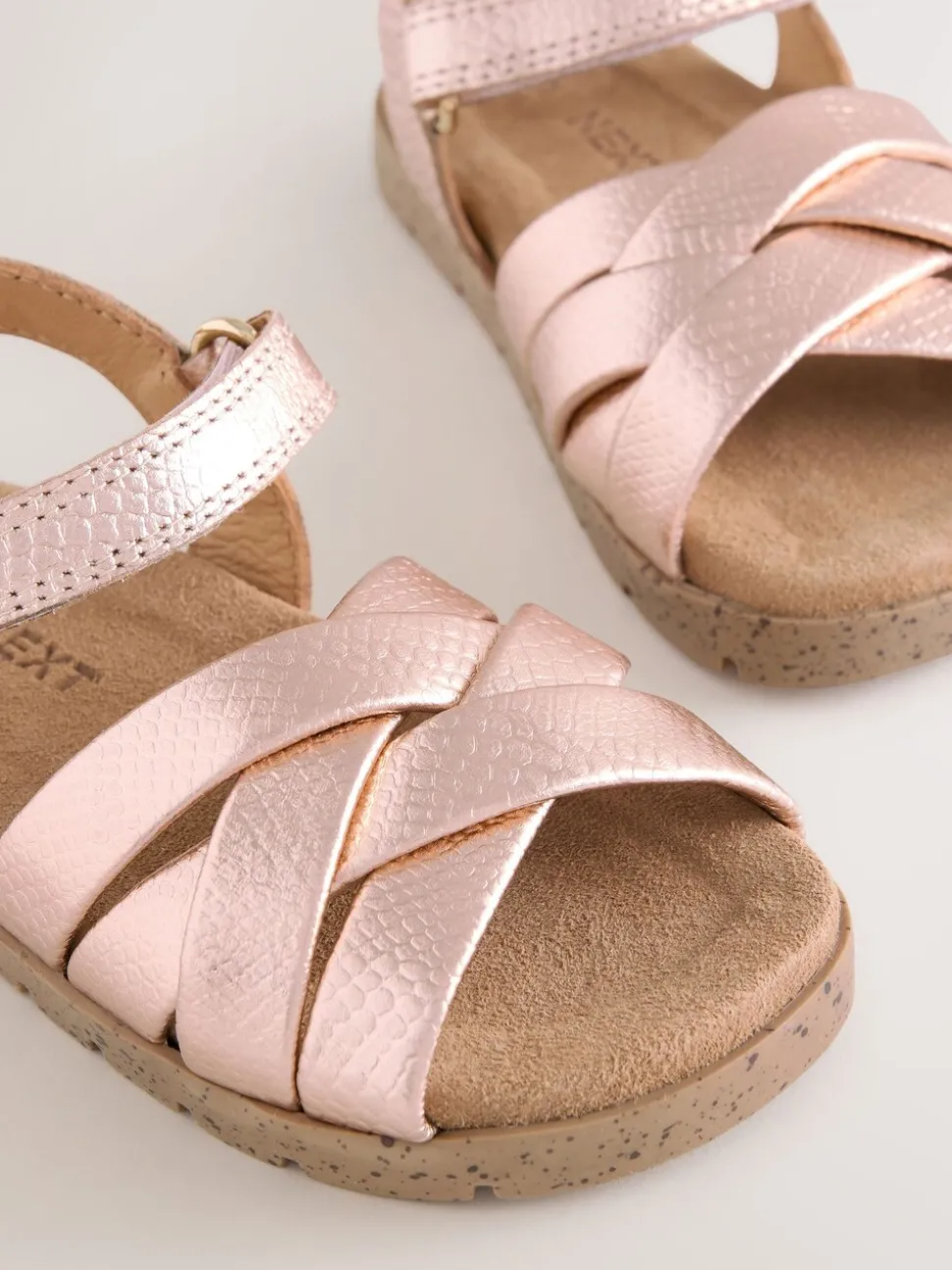Rose Gold Leather Woven Sandals with Touch Fastening