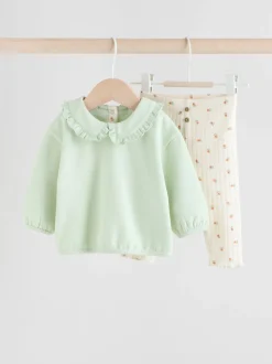 Sage Green/ Cream Ditsy Baby Frill Collar Sweater and Leggings 2 Piece Set (0mths-2yrs)