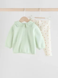 Sage Green/ Cream Ditsy Baby Frill Collar Sweater and Leggings 2 Piece Set (0mths-2yrs)