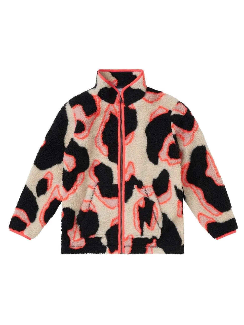 SCAMP & DUDE Cream Kids Funnel Neck Button Through Fleece Jacket Mega Shadow Leopard & Lightning Bolt