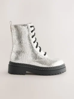 Silver Crackled Standard Fit (F) Leather Chunky Lace-Up Boots